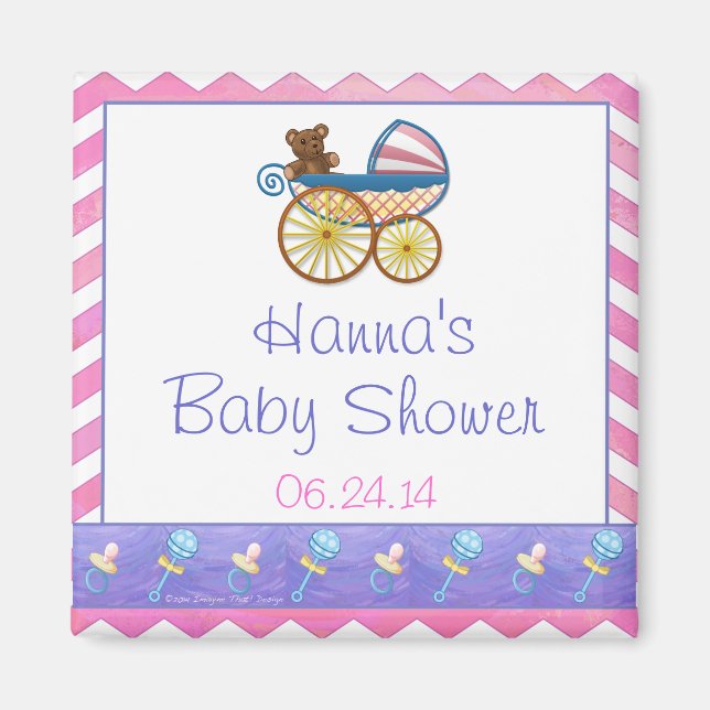 Pink Chevron Baby Pram Baby Shower Favour Magnet (Front)