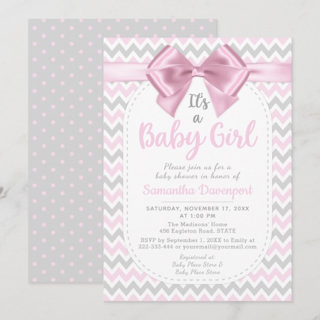 Pink Chevron Baby Shower Girl Bow Invitation (Front/Back)