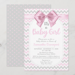 Pink Chevron Baby Shower Girl Bow Invitation