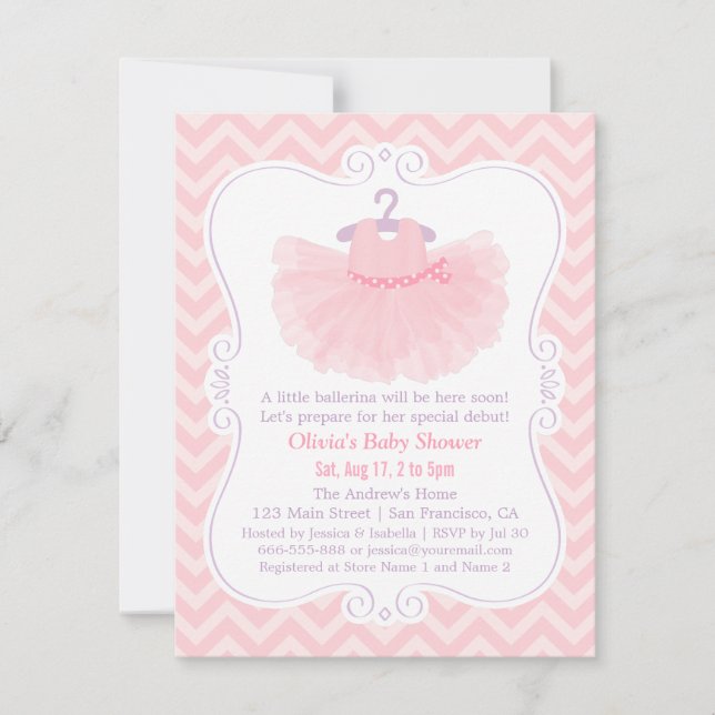 Pink Chevron Ballerina Tutu Girl Baby Shower Invitation (Front)