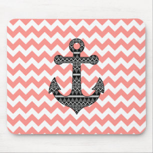 Pink Chevron Black Tribal Pattern Anchor Mouse Mat