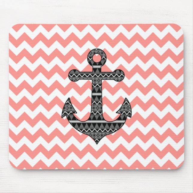 Pink Chevron Black Tribal Pattern Anchor Mouse Mat (Front)