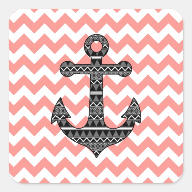 Pink Chevron Black Tribal Pattern Anchor Square Sticker (Front)