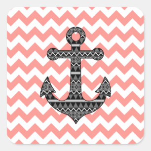 Pink Chevron Black Tribal Pattern Anchor Square Sticker
