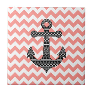Pink Chevron Black Tribal Pattern Anchor Tile