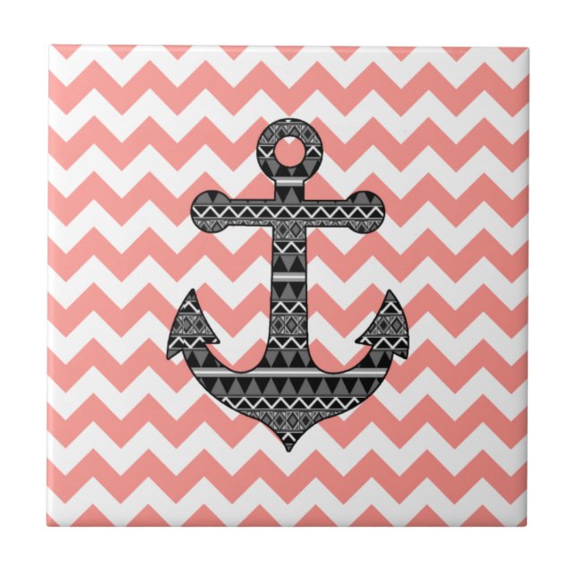 Pink Chevron Black Tribal Pattern Anchor Tile (Front)