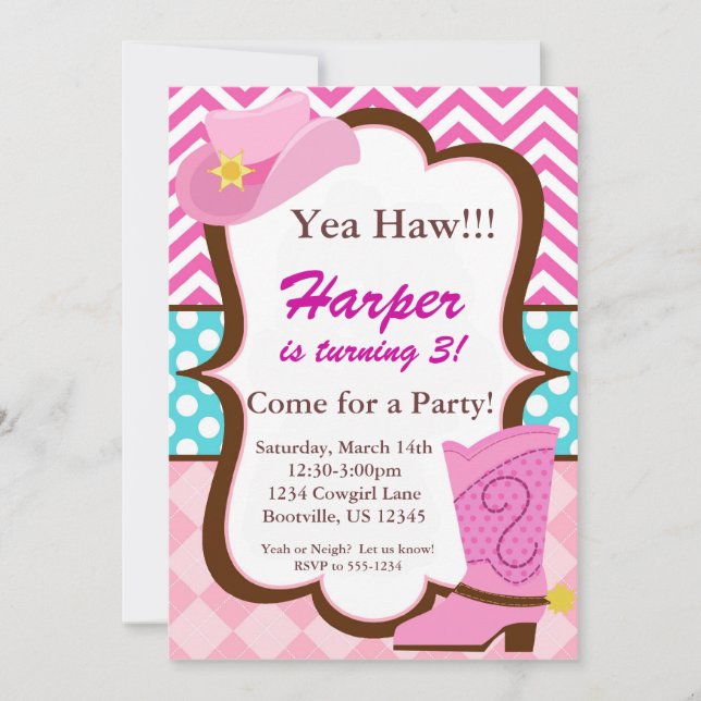 Pink Chevron, Blue Dots, Cowgirl Boot Birthday Invitation (Front)