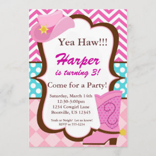 Pink Chevron, Blue Dots, Cowgirl Boot Birthday Invitation