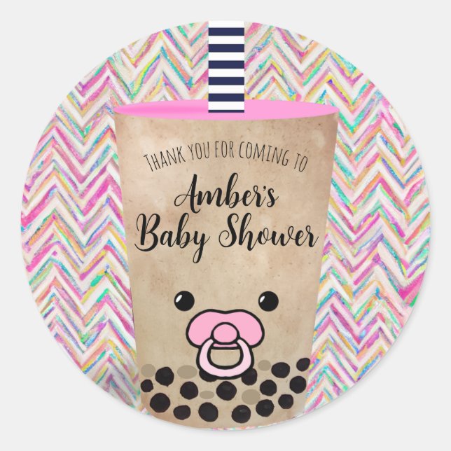 Pink Chevron Boba Tea Baby Shower Thank You Classic Round Sticker (Front)