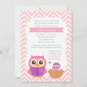 Pink Chevron Book Themed Owl Baby Shower Party Invitation
