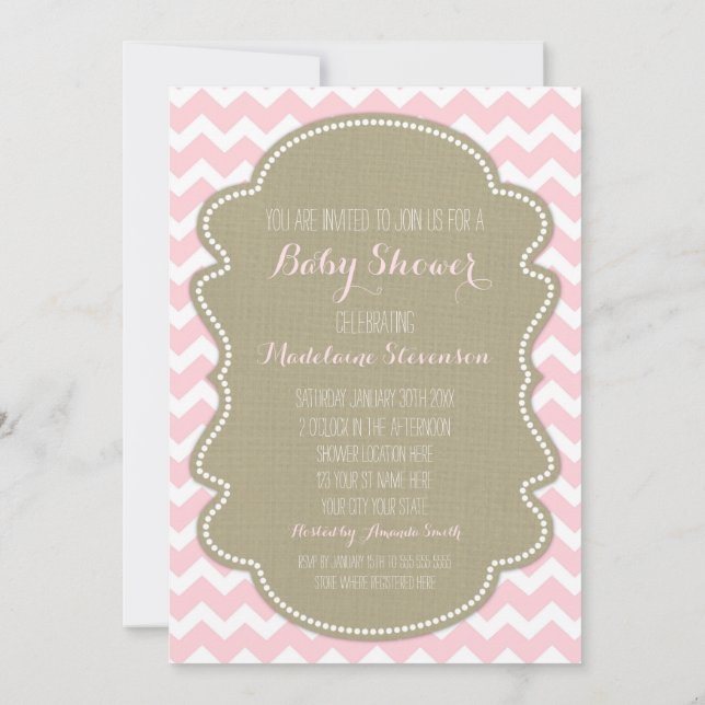 Pink Chevron Burlap Baby Shower Invitations (Back)