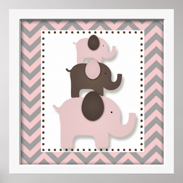 Pink Chevron Elephant Nursery Wall Art (Front)