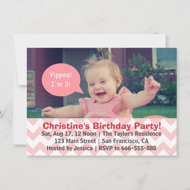 Pink Chevron Girl Birthday, Speech Bubble, Turns 3 Invitation (Front)