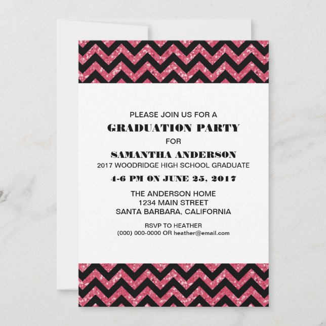 Pink Chevron Glitter Graduation Party Invite (Front)