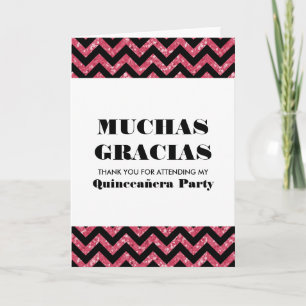 Pink Chevron Glitter Quinceañera Thank You Card