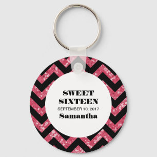 Pink Chevron Glitter Sweet 16 Keychain