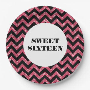 Pink Chevron Glitter Sweet 16 Paper Plates