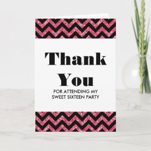 Pink Chevron Glitter Sweet 16 Thank You Card