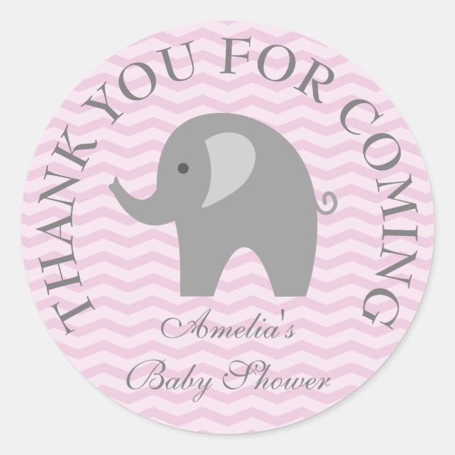 Pink chevron grey elephant girl babyshower sticker (Front)