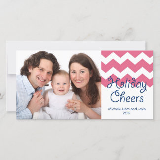 Pink chevron holiday cheers Christmas family photo Card