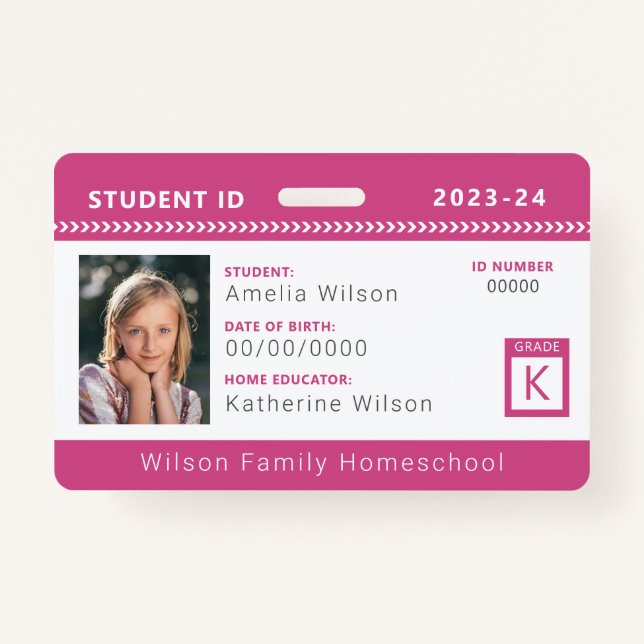 Pink Chevron Homeschool Student ID Badge (Front)