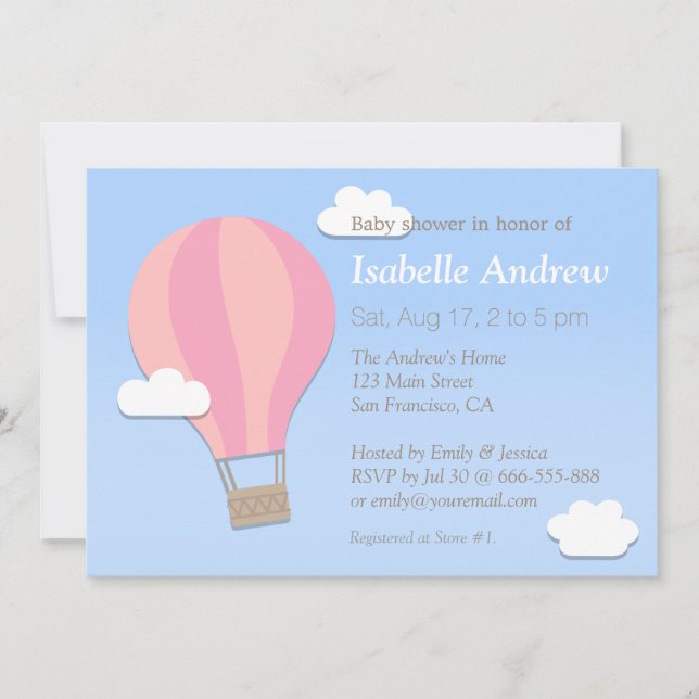 Pink Chevron, Hot Air Balloon, Girl Baby Shower Invitation (Front)