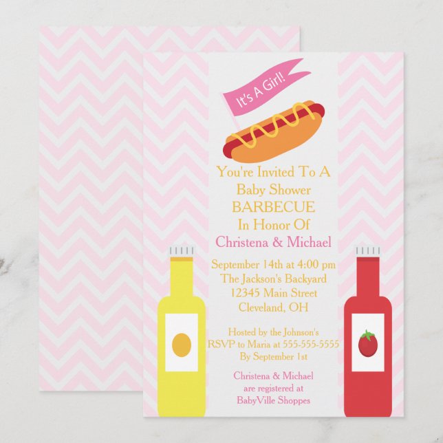 Pink Chevron Hotdog BBQ Baby Shower Invitation (Front/Back)