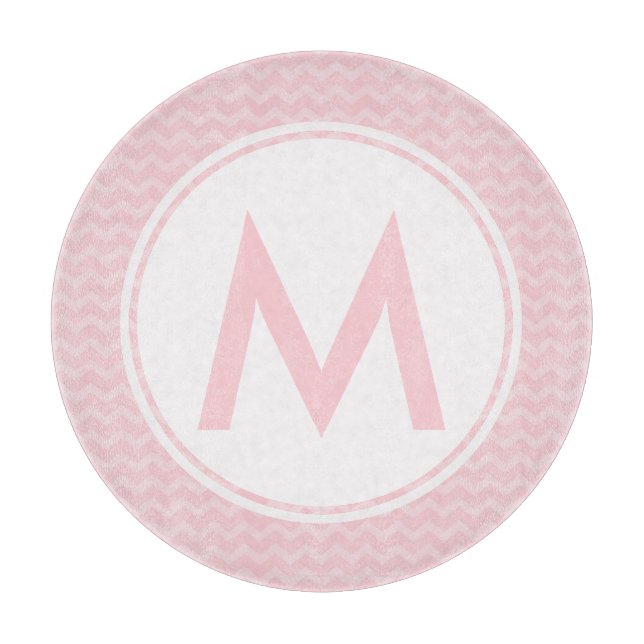 Pink Chevron Monogram Glass Cutting Board 12" (Front)