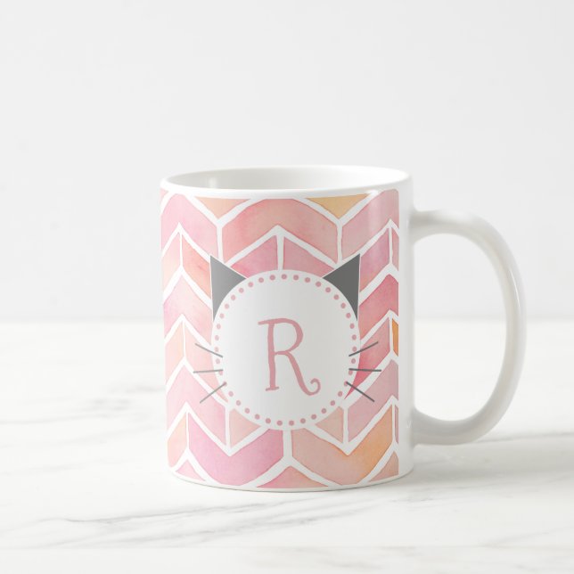 Pink Chevron Pattern | Cute Cat Monogram Coffee Mug (Right)