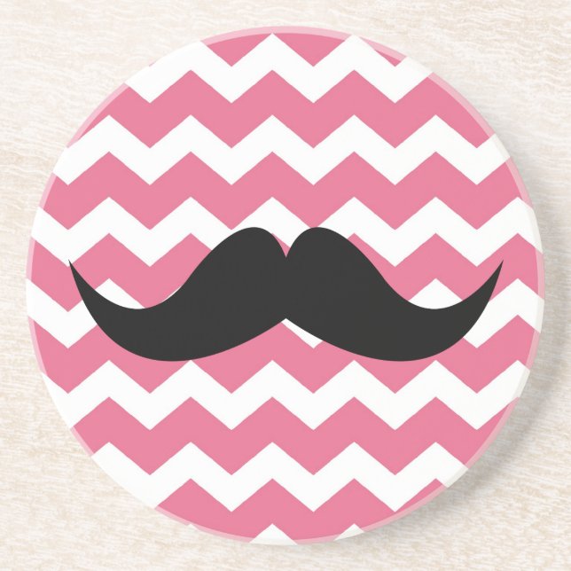 Pink chevron pattern moustache thirsty sandstone coaster (Front)