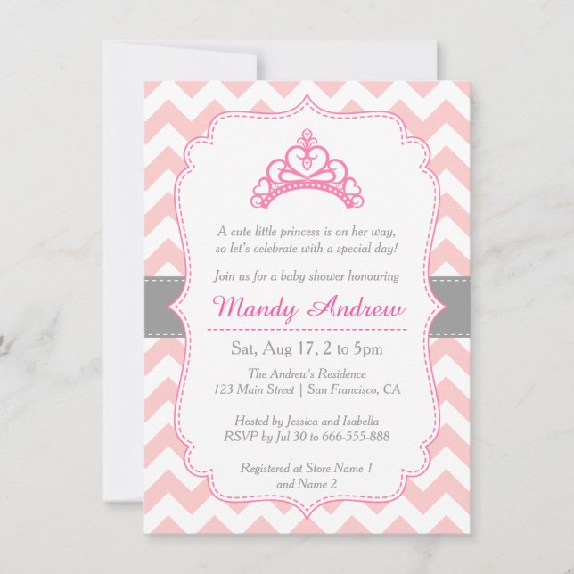 Pink Chevron, Princess Crown, Girl Baby Shower Invitation (Front)