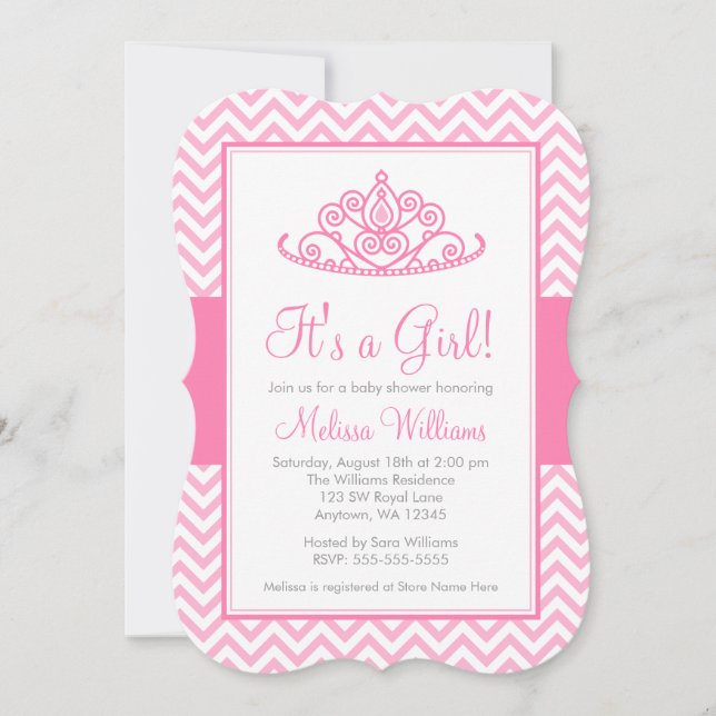 Pink Chevron Princess Crown Girl Baby Shower Invitation (Front)