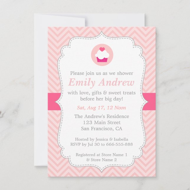 Pink Chevron, Sweet Cupcake, Baby Shower Invitation (Front)