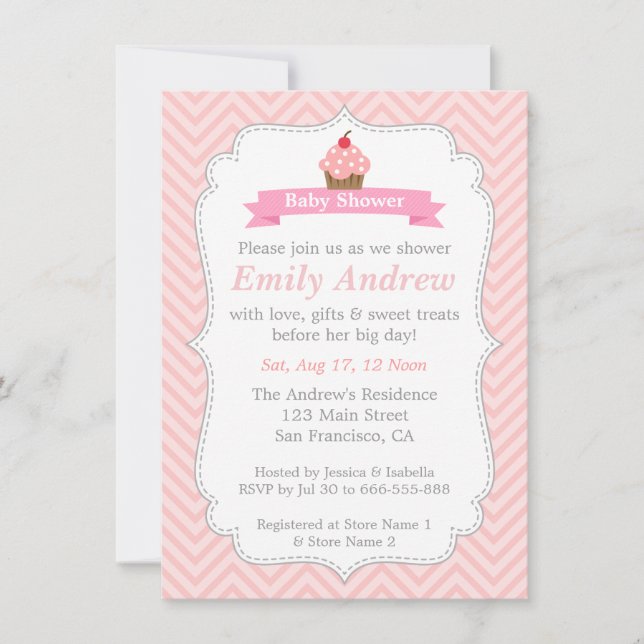 Pink Chevron, Sweet Cupcake, Baby Shower Invitation (Front)