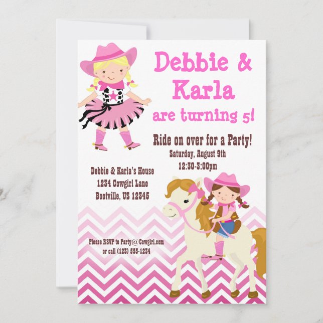 Pink Chevron Twin Cowgirls Birthday Party Invite (Front)