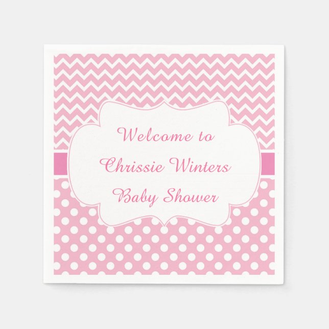 Pink Chevron & White Polka Dots Baby Shower Party Napkin (Front)