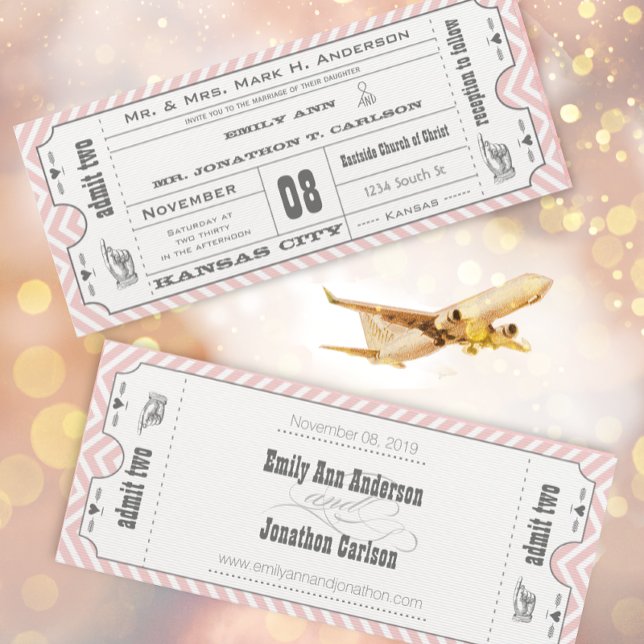 Pink Chevron Zig Zag Old Hollywood Ticket Wedding Invitation (Creator Uploaded)