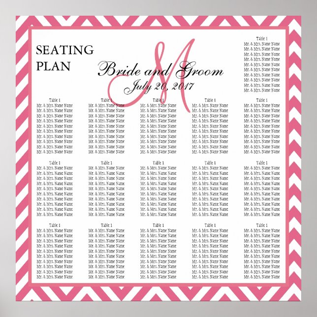 Pink Chevron Zig Zag Wedding Seating Chart (Front)