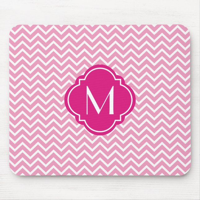 Pink Chevron Zigzag Stripes with Monogram Mouse Mat (Front)