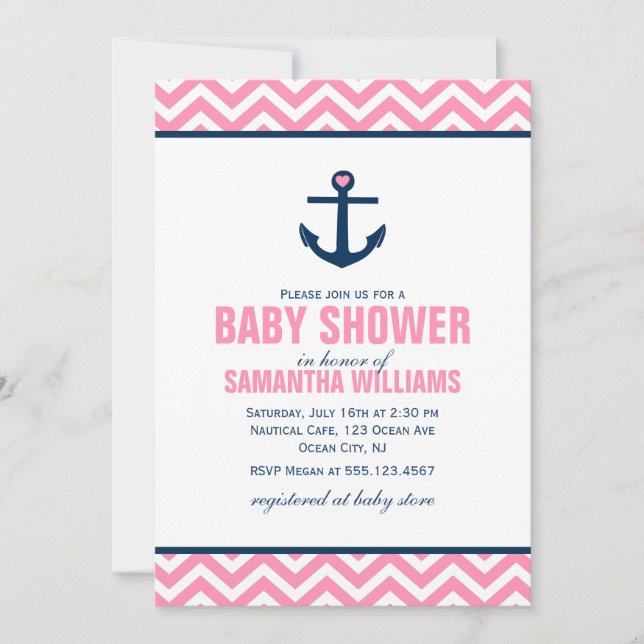 Pink Chevrons Nautical Girl Baby Shower Invitation (Front)
