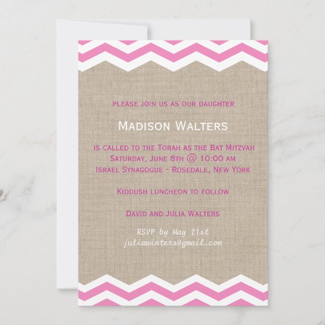 Pink Chevrons on Burlap Bat Mitzvah Invitation (Front)