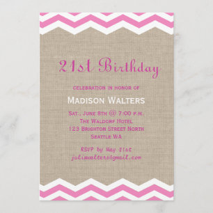 Pink Chevrons on Burlap Birthday Invitation