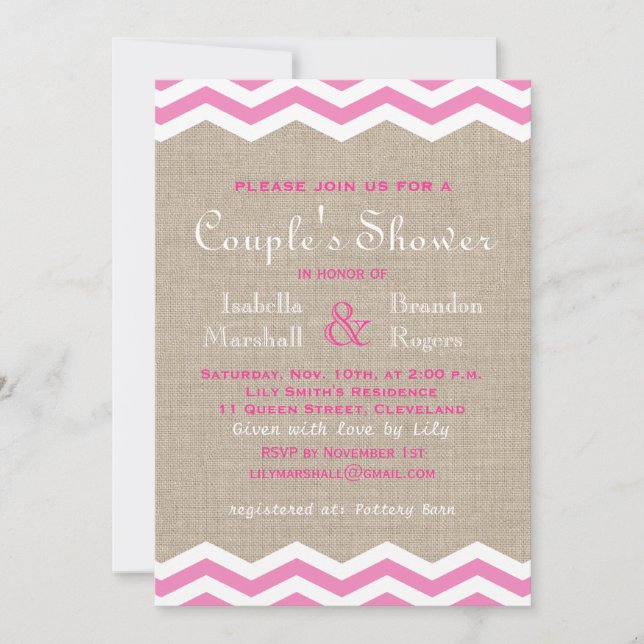 Pink Chevrons on Burlap Couple's Shower Invite (Front)