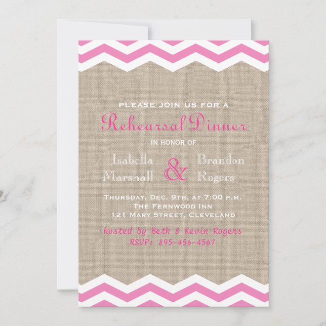 Pink Chevrons on Burlap Rehearsal Dinner Invite (Front)