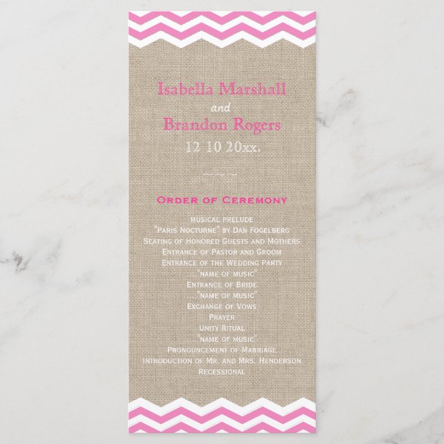 Pink Chevrons on Burlap Wedding Program Programme (Front)