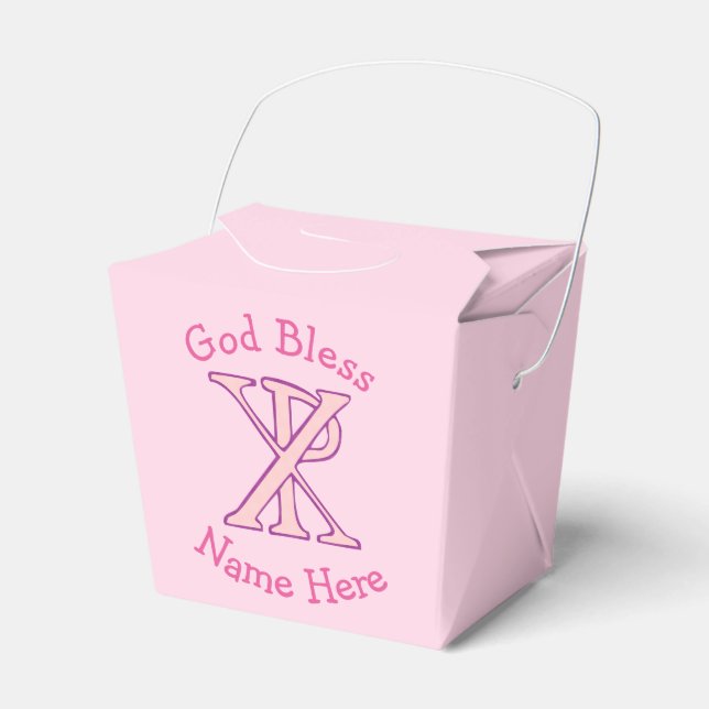 Pink Chi Ro Christian Cross on Pink Personalised  Favour Box (Front Side)