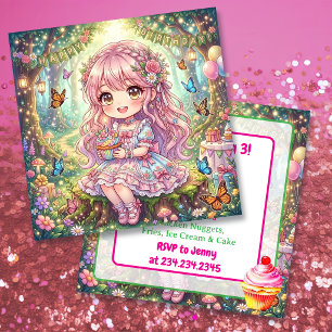 Pink Chibi Girl with Cupcake Birthday Party Invitation