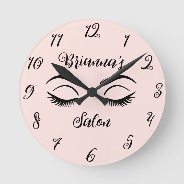 Pink Chic Beauty Eyelashes Salon Personalised Round Clock (Front)