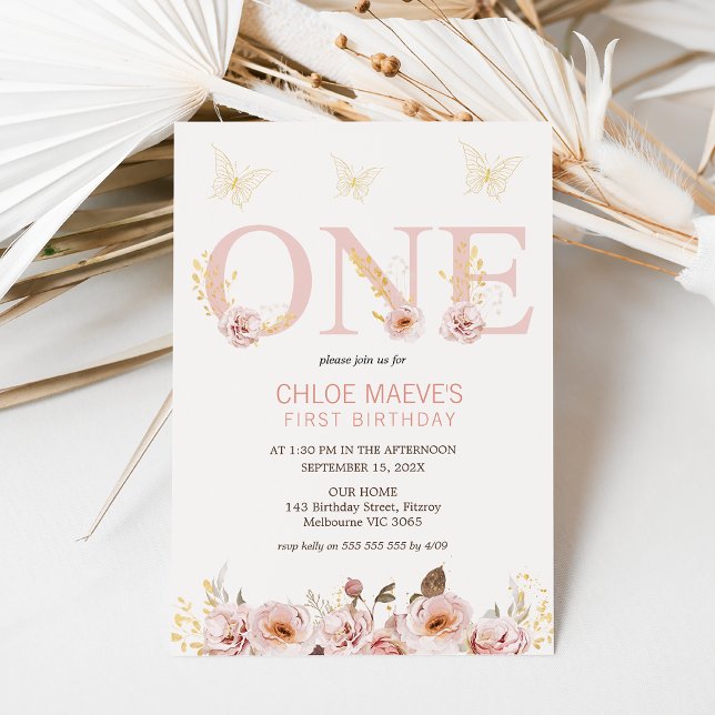 Pink Chic Boho Floral Butterflies 1st Birthday Invitation (Girl's pink floral and butterflies 1st birthday invitation.  Boho floral 1st birthday invitation.)