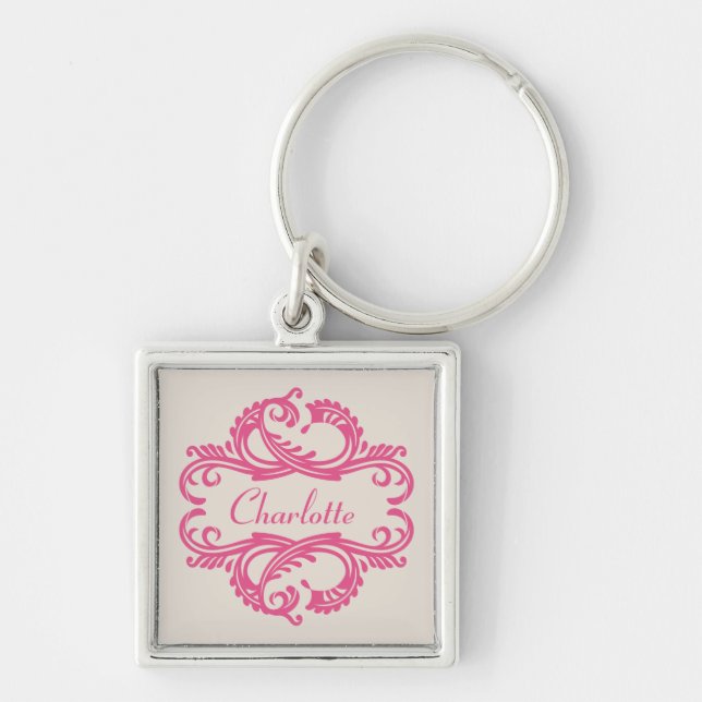 Pink Chic Damask Premium Keychain (Front)